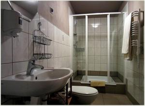 a bathroom with a sink and a toilet and a shower at Globtroter Guest House in Krakow