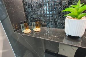 blat w łazience z rośliną i butelkami w obiekcie Apartament3City w Gdańsku