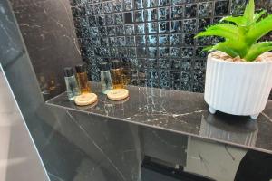 a bathroom counter with a plant and bottles on it at Apartament3City in Gdańsk