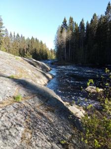 un río con rocas y árboles en el fondo en Jokihelmi-apartment, en Kannus