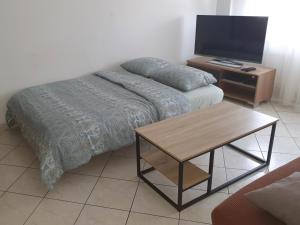 a room with a bed and a table with a tv at Apart 5 personnes, 1min Gare d'Annemasse, Genève 5km in Annemasse