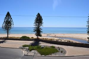a road next to a beach with two trees at Christies Seahorse Holiday Townhouses in Port Noarlunga