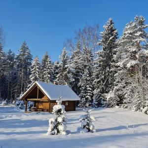 a cabin in the snow with snow covered trees at Tõrvaaugu Holiday Homes in Mägede