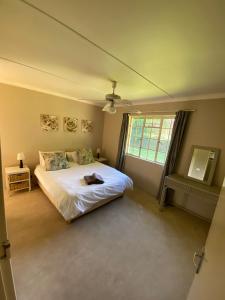 1 dormitorio con cama blanca y ventana en Under The Oak, en Underberg