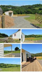 cuatro fotos diferentes de una casa y una valla en Private country caravan surrounded by fields en Liskeard
