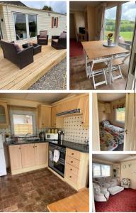 a collage of four pictures of a kitchen and a house at Private country caravan surrounded by fields in Liskeard