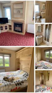 4 fotos de un dormitorio con cama y chimenea en Private country caravan surrounded by fields en Liskeard