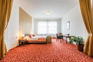 um quarto de hotel com uma cama e uma secretária em Hotel U Zlatého kohouta em Kroměříž
