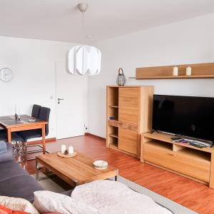 Il comprend un salon doté d'un canapé et d'une télévision à écran plat. dans l'établissement Ferienwohnung "Am Kurpark", à Sankt-Andreasberg