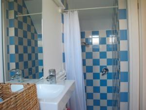 La salle de bains est pourvue d'un lavabo et d'une douche. dans l'établissement Ferienhaus Schwille - Loft 2, à Westerbergen