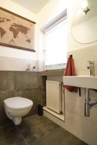 baño con aseo y lavabo y ventana en Ferienwohnung Eschenberg en Winterberg