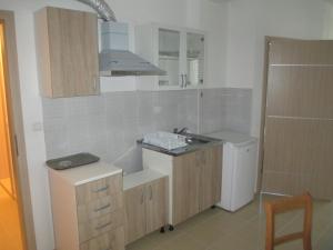 a small kitchen with a sink and a stove at Villa Zora in Star Dojran