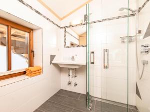ein Bad mit einer Dusche und einem Waschbecken in der Unterkunft Tramberger Apartments in Reith im Alpbachtal