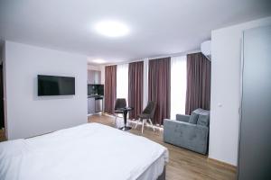a hotel room with a bed and a couch at Apartments Monik Sandanski in Sandanski