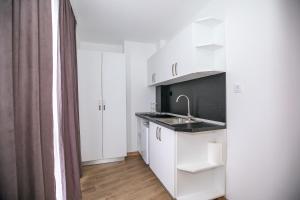 een kleine witte keuken met een wastafel en een douche bij Apartments Monik Sandanski in Sandanski