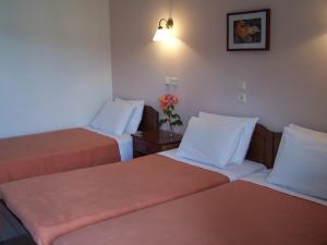 a hotel room with two beds and a table with flowers at Valia Calda Hotel in Perivoli