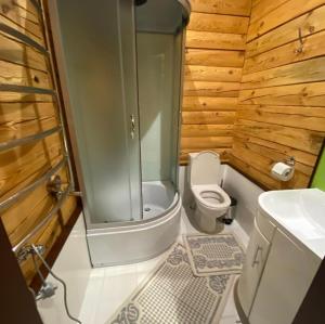 uma casa de banho com um WC, um chuveiro e um lavatório. em Golden Nest em Yablunytsya