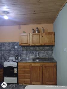 a kitchen with a stove and a sink and wooden cabinets at jazmin apart iguazu in Puerto Iguazú