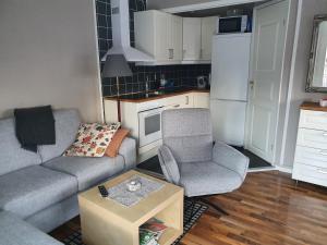 uma sala de estar com um sofá e duas cadeiras e uma mesa em Bäcka Holiday Home em Orsa