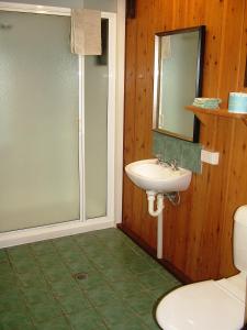 a bathroom with a toilet and a sink and a shower at Atherton Blue Gum B&B in Atherton