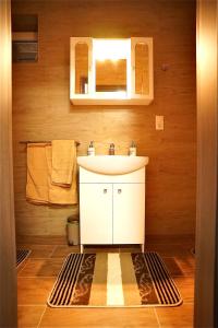 uma casa de banho com um lavatório branco e um espelho. em Bacchus Pub és Panzió em Dunaharaszti