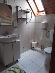 a bathroom with a sink and a toilet at Hat Testvér Fogadó in Dömsöd