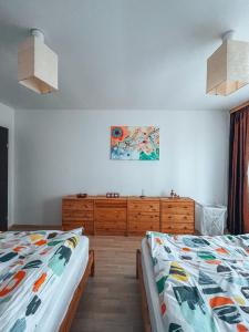 a bedroom with two beds and a dresser at Sebiana in Buşteni