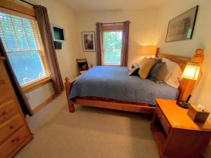 ein Schlafzimmer mit einem Bett und zwei Fenstern in der Unterkunft E5 Beautiful Bretton Woods slopeside home amazing views of Mount Washington Hot Tub AC in Carroll