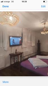 Zimmer mit 2 Betten und einem TV an der Wand in der Unterkunft anastasia 3 in Mediaş