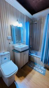La salle de bains est pourvue de toilettes, d'un lavabo et d'une baignoire. dans l'établissement House Boat Hardy Palace, à Srinagar