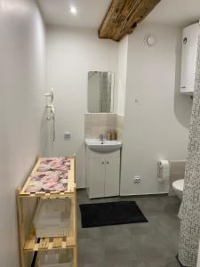 ein weißes Badezimmer mit einem Waschbecken und einem Spiegel in der Unterkunft Pumpura apartment in Liepāja