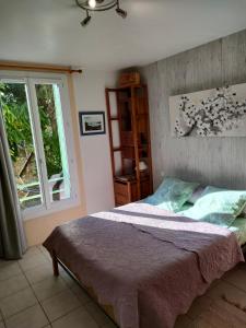 a bedroom with a bed and a window at Petite maison au bord du canal, 8' Zoo de Beauval, PMR in Noyers-sur-Cher