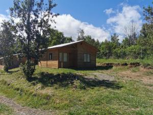 Cabaña de madera pequeña en un campo con árboles en Alojamientos doña Inés, en Pucón