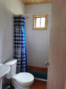 Un baño con inodoro, lavabo y ventana. en Alojamientos doña Inés, en Pucón