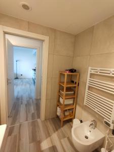 a bathroom with a sink and a toilet and a shelf at Grazioso Monolocale Milano in Milan