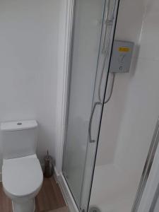 a small bathroom with a toilet and a shower at Guest House - oxfordshire in Banbury