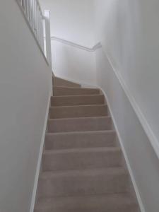a staircase in a building with white walls and carpet at Guest House - oxfordshire in Banbury