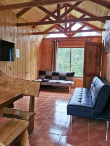 Una sala de estar con un sofá y un televisor. en Alojamientos doña Inés, en Pucón