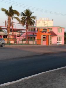 a building with palm trees in front of a street at Hotel Duve Coral in Loreto