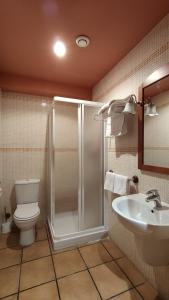 a bathroom with a shower and a toilet and a sink at Ostatu Zegama in Zegama