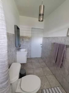 La salle de bains est pourvue de toilettes et d'un lavabo. dans l'établissement Aguadilla Sunset Apt AC WiFi 8 minute walk to Crashboat Beach, à Aguadilla