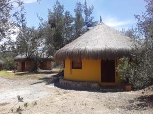 a small yellow house with a thatched roof at Habitación Ancestral Sol Muisca in Villa de Leyva +6 photos