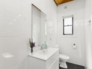 a white bathroom with a sink and a toilet at Blue Apple Lodge in Bilpin +17 photos