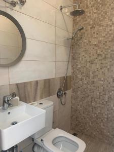 a bathroom with a toilet and a sink and a mirror at Orient Express Guest House in Sofia