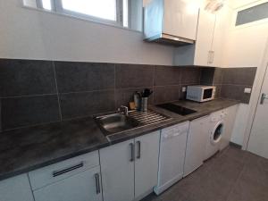 eine Küche mit einer Spüle und einer Mikrowelle in der Unterkunft Beautiful appartement, 20 min to Champs-Elysées in Maisons-Laffitte