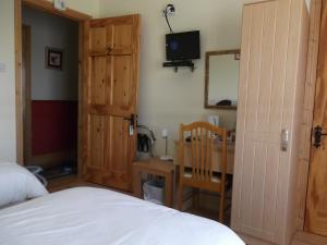 Dormitorio con cama, escritorio y TV en Ashley Lodge Bed & Breakfast, en Rosslare