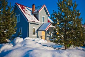 Una casa con un árbol de Navidad en la nieve en Recreational resort Zavidovo, en Zavidovo