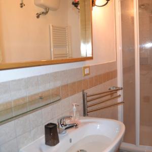 uma casa de banho com um lavatório, um espelho e um chuveiro em B&B al Pozzolone em Montieri