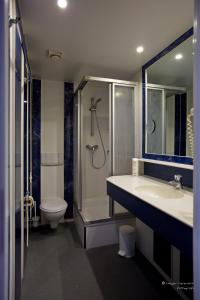 een badkamer met een wastafel, een douche en een toilet bij Garni-Hotel zum alten Ratskeller in Vetschau