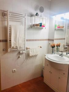 y baño blanco con lavabo y ducha. en Casa Rural La abuela, en El Campo